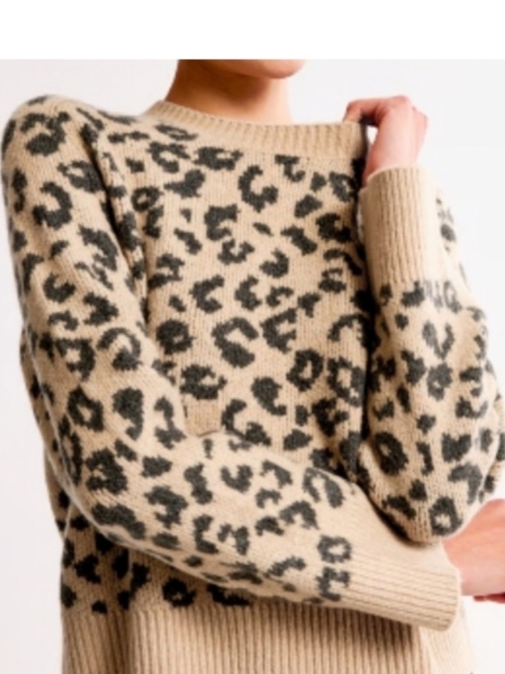 Abercrombie & Fitch Beige and Dark Gray Leopard Crewneck Sweater